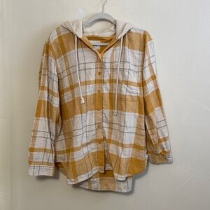 Men's Plaid Hooded Shirt - Mustard and White